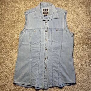 Harley Davidson Biker Blues Womens Large Light Wash‎ Denim Sleeveless Vest Shirt